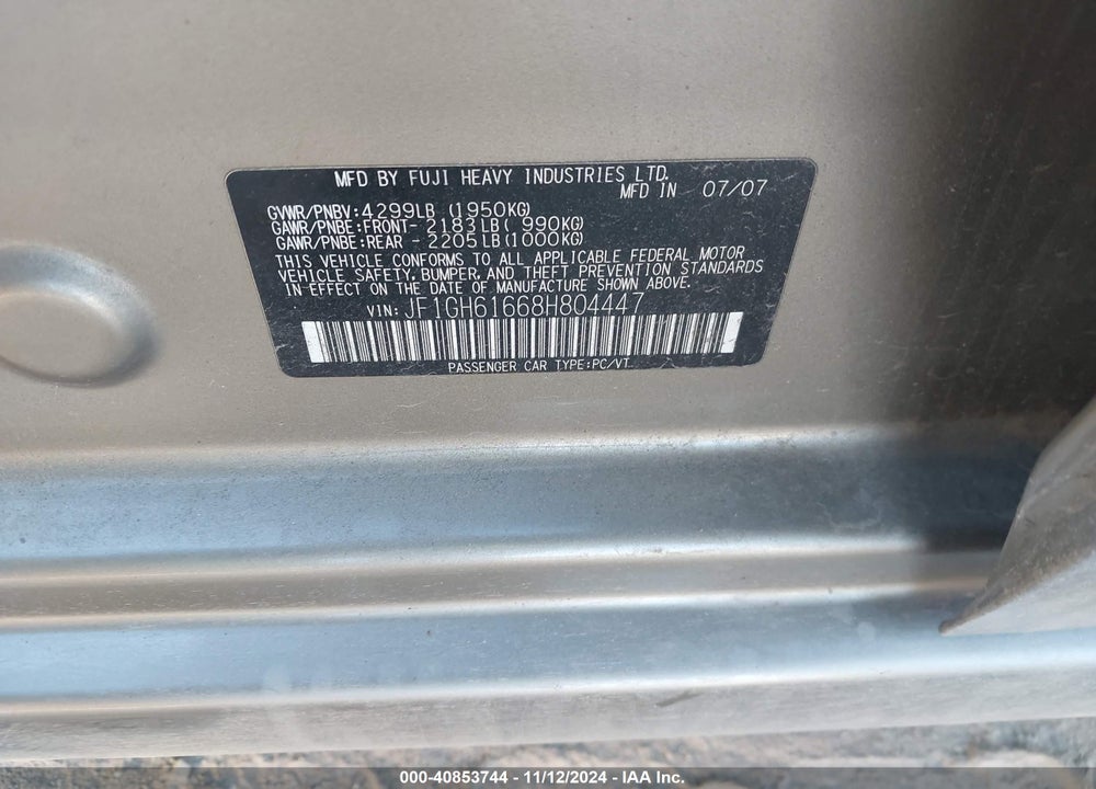 2008 SUBARU IMPREZA 2.5I VIN: JF1GH61668H804447