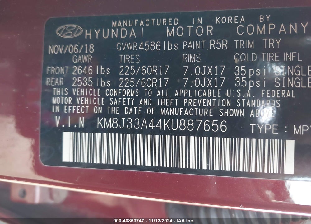 2019 HYUNDAI TUCSON VALUE VIN: KM8J33A44KU887656