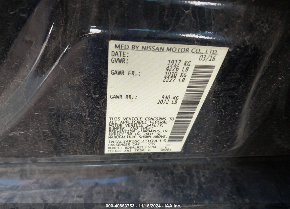 2016 NISSAN ALTIMA VIN: 1N4AL3AP1GC190415