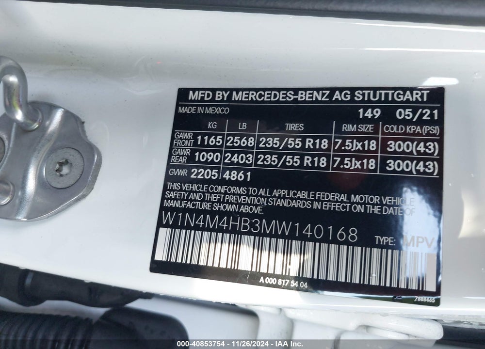 2021 MERCEDES-BENZ GLB 250 4MATIC VIN: W1N4M4HB3MW140168