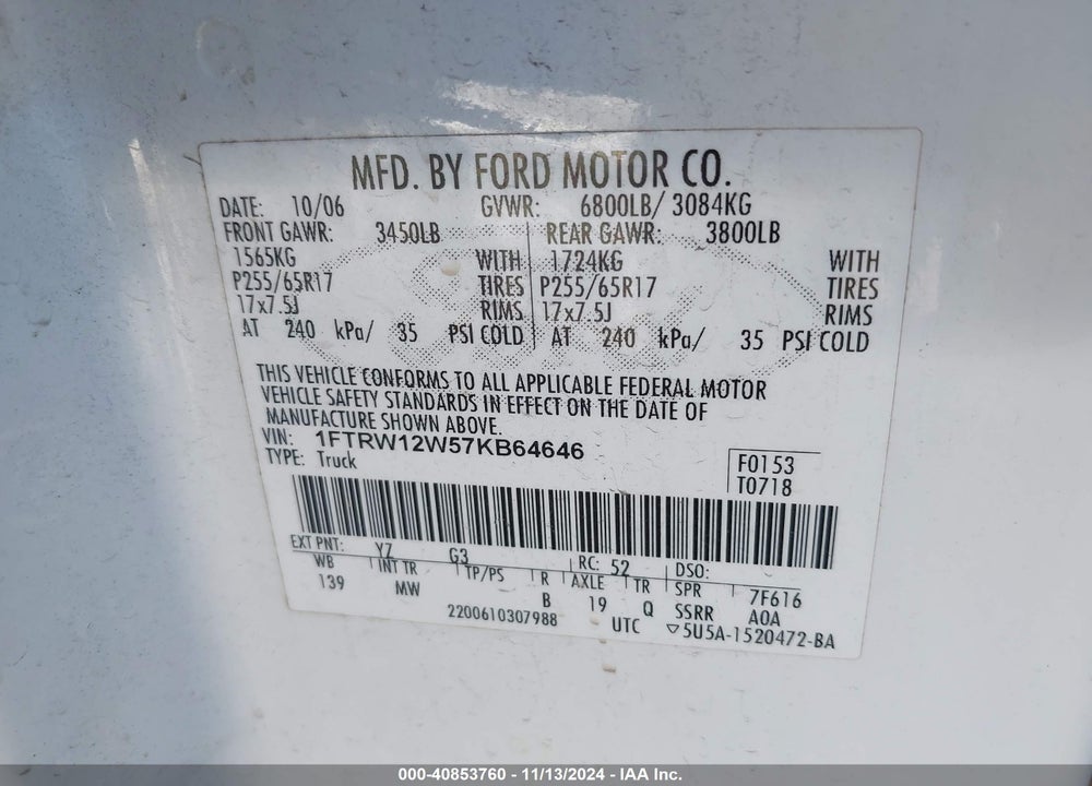 2007 FORD F-150 VIN: 1FTRW12W57KB64646