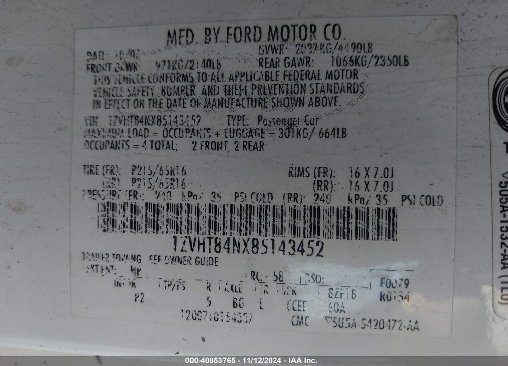 2008 FORD MUSTANG V6 DELUXE VIN: 1ZVHT84NX85143452