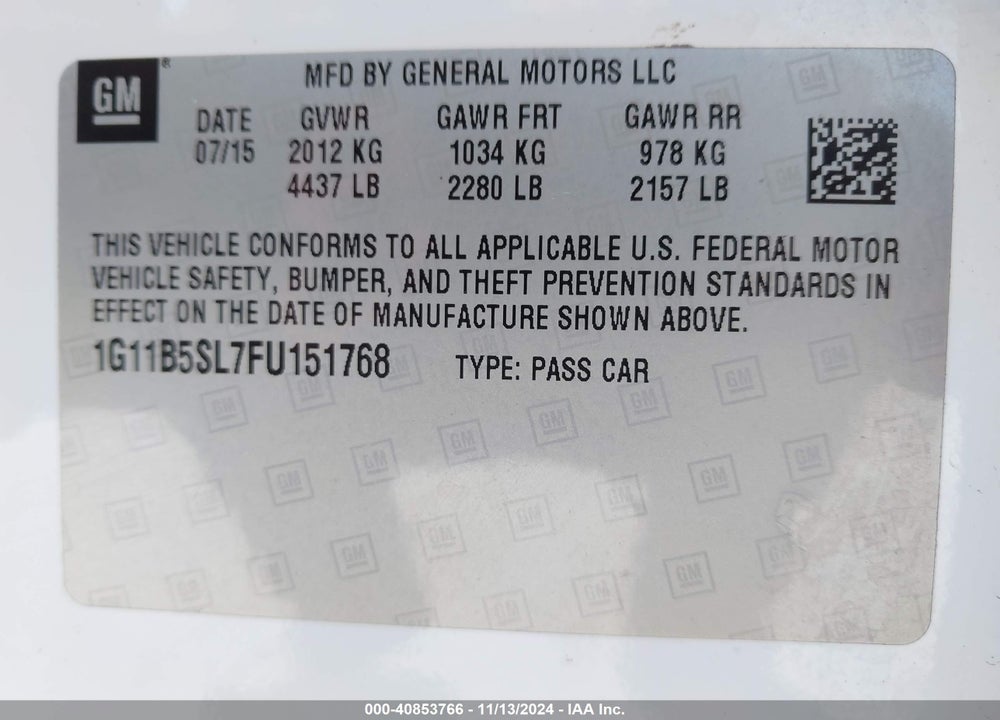 2015 CHEVROLET MALIBU LS VIN: 1G11B5SL7FU151768