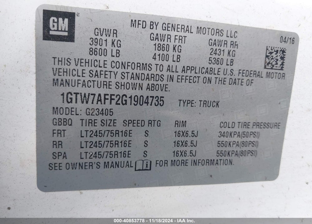 2016 GMC SAVANA 2500 WORK VAN VIN: 1GTW7AFF2G1904735