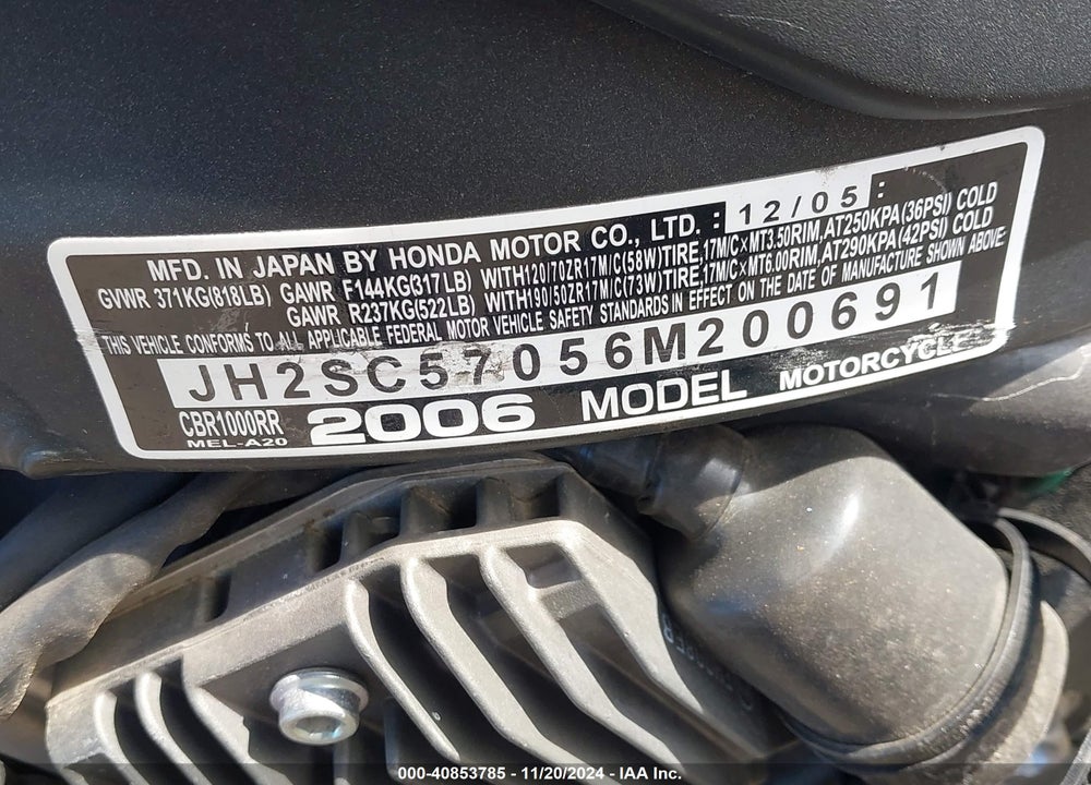 2006 HONDA CBR1000 RR VIN: JH2SC57056M200691