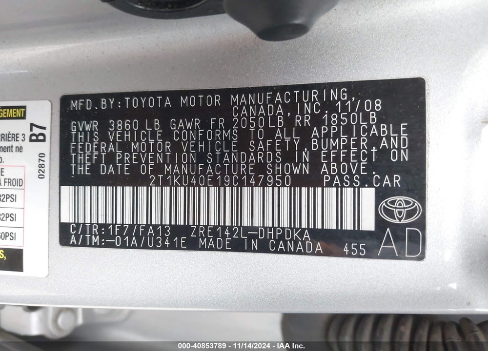 2009 TOYOTA MATRIX VIN: 2T1KU40E19C147950