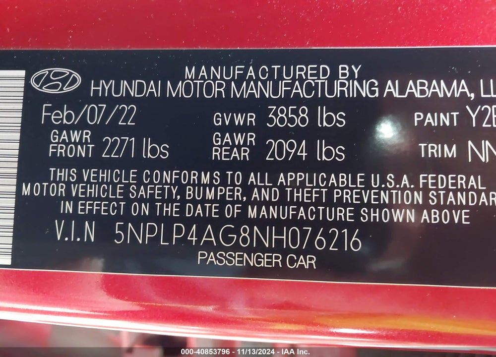 2022 HYUNDAI ELANTRA VIN: 5NPLP4AG8NH076216
