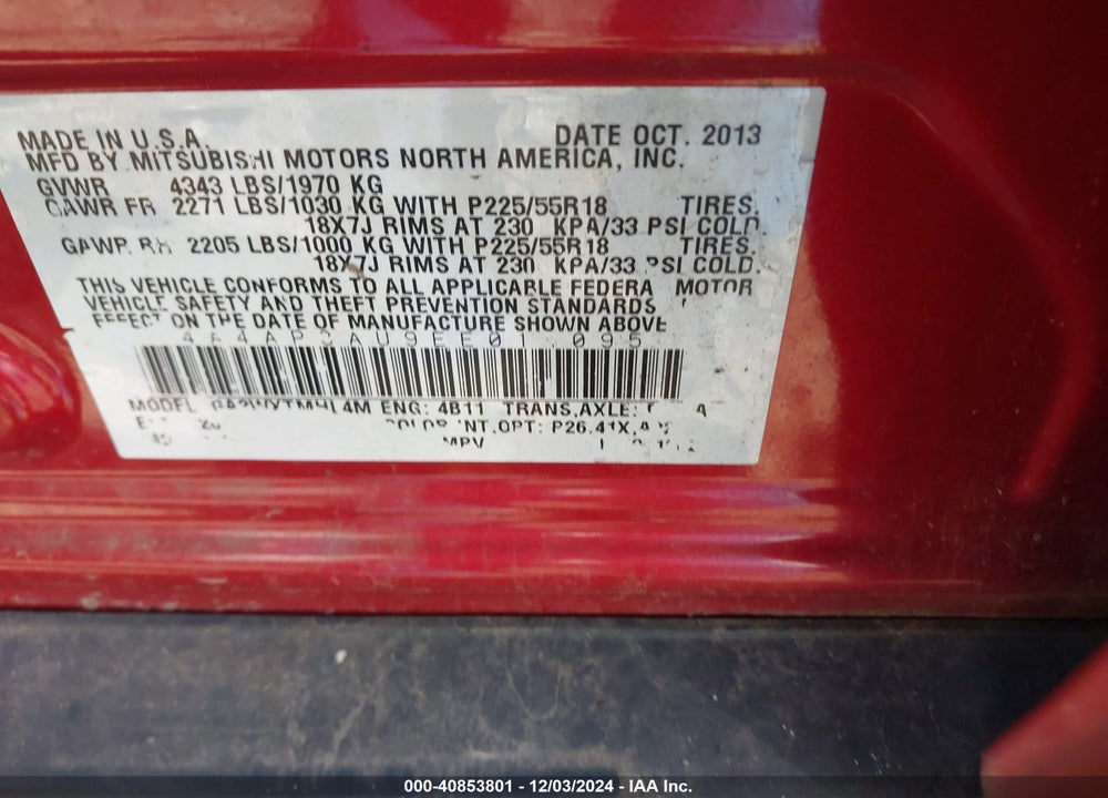 2014 MITSUBISHI OUTLANDER SPORT ES VIN: 4A4AP3AU9EE014095