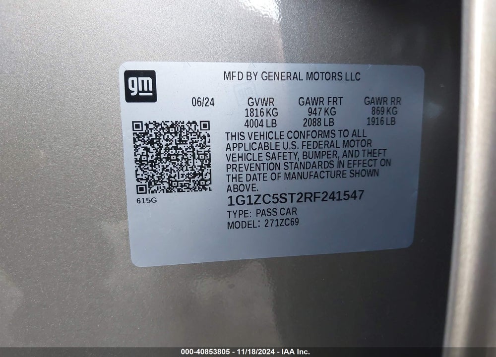 2024 CHEVROLET MALIBU FWD 1FL VIN: 1G1ZC5ST2RF241547