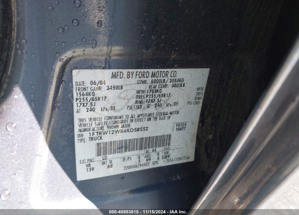 2004 FORD F-150 XLT VIN: 1FTRW12W84KD58552