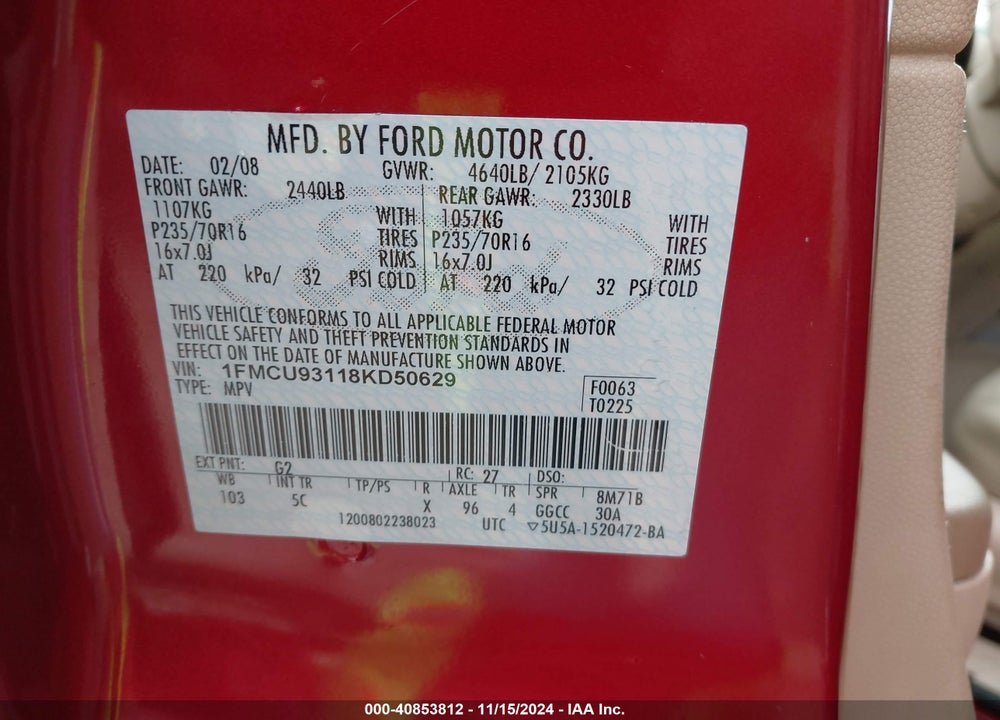 2008 FORD ESCAPE XLT VIN: 1FMCU93118KD50629