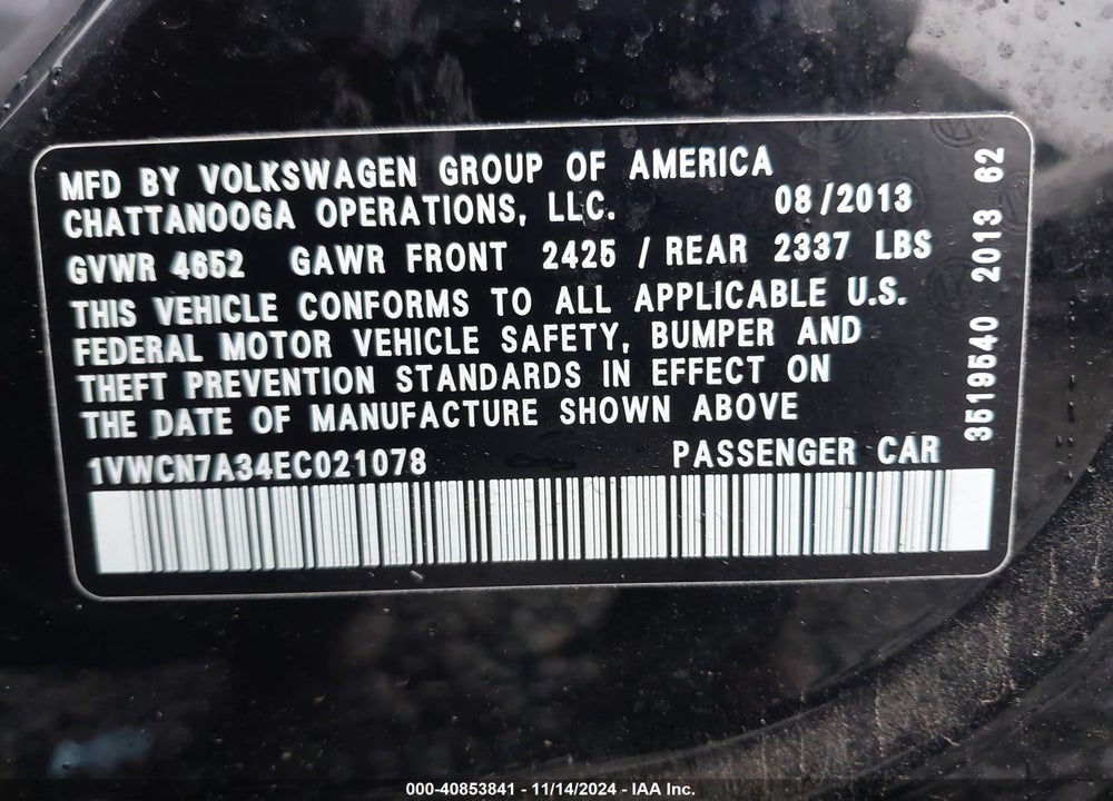 2014 VOLKSWAGEN PASSAT 2.0L TDI SEL PREMIUM VIN: 1VWCN7A34EC021078
