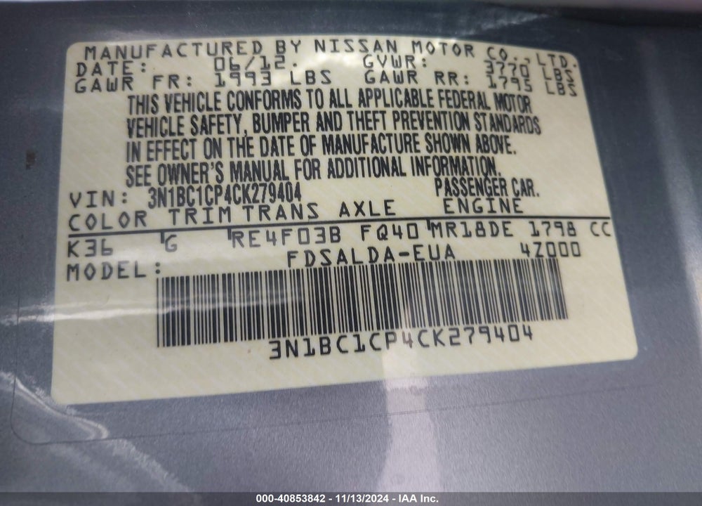 2012 NISSAN VERSA S VIN: 3N1BC1CP4CK279404
