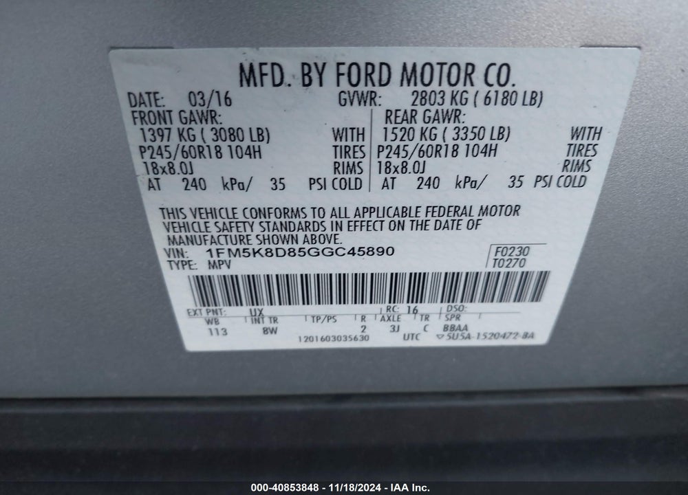 2016 FORD EXPLORER XLT VIN: 1FM5K8D85GGC45890