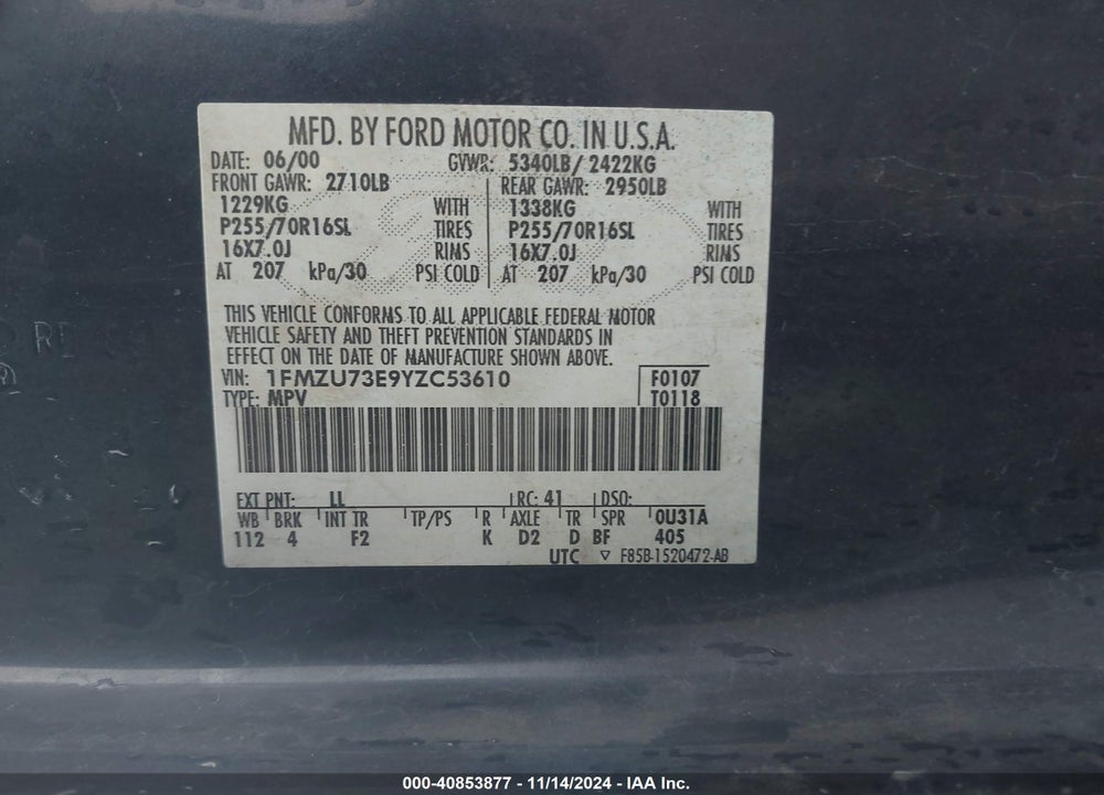 2000 FORD EXPLORER XLT VIN: 1FMZU73E9YZC53610