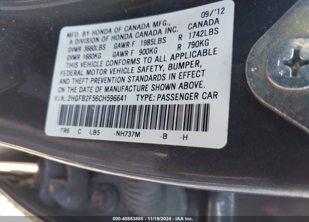 2012 HONDA CIVIC LX VIN: 2HGFB2F56CH596641