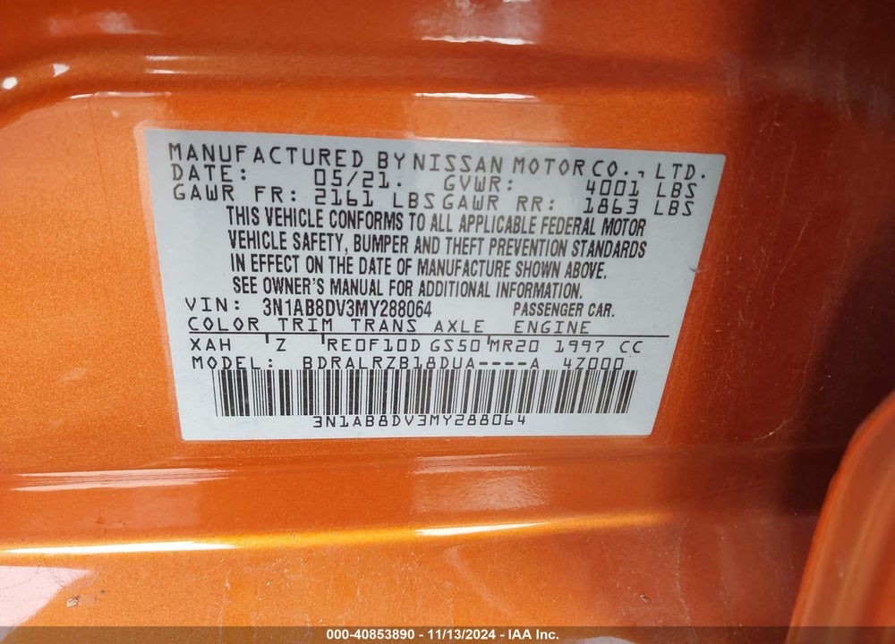 2021 NISSAN SENTRA VIN: 3N1AB8DV3MY288064