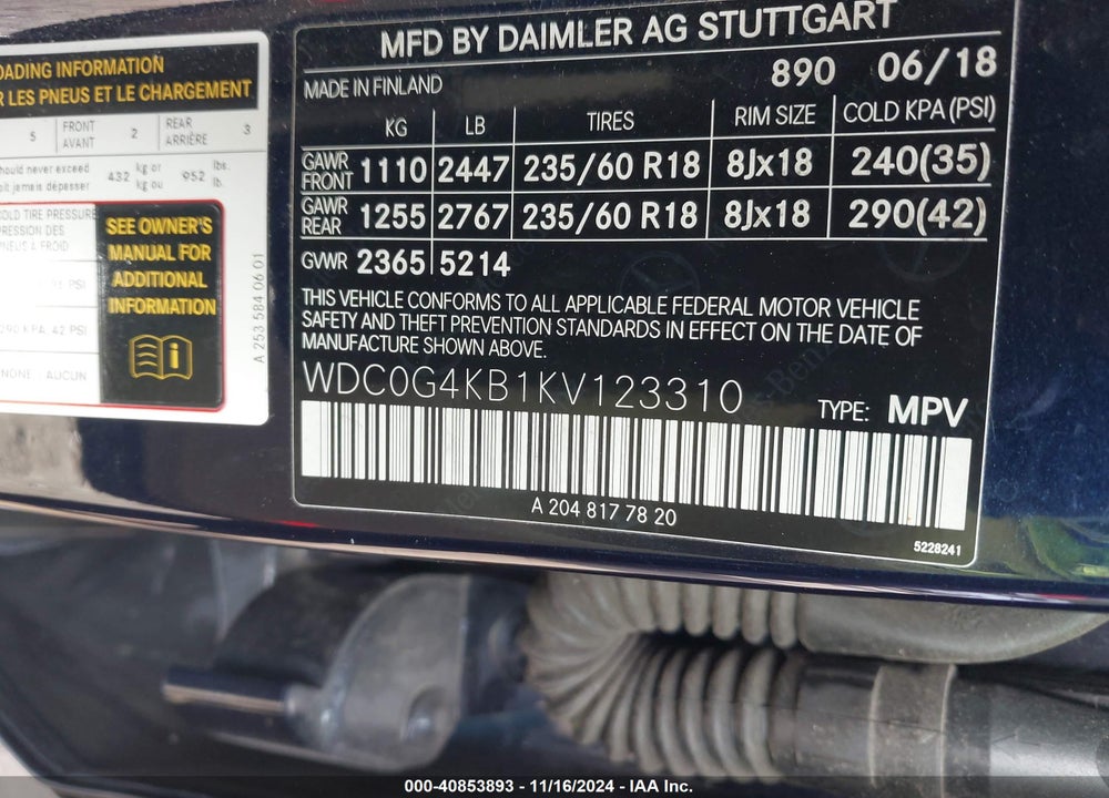 2019 MERCEDES-BENZ GLC 300 4MATIC VIN: WDC0G4KB1KV123310
