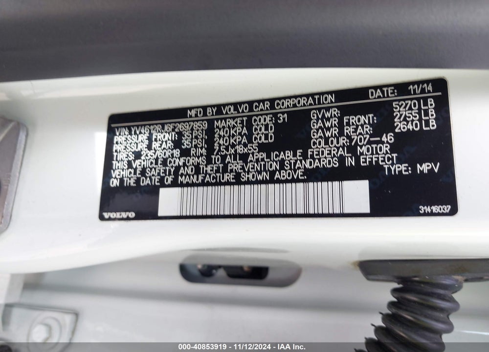 2015 VOLVO XC60 T5 VIN: YV4612RJ6F2697859