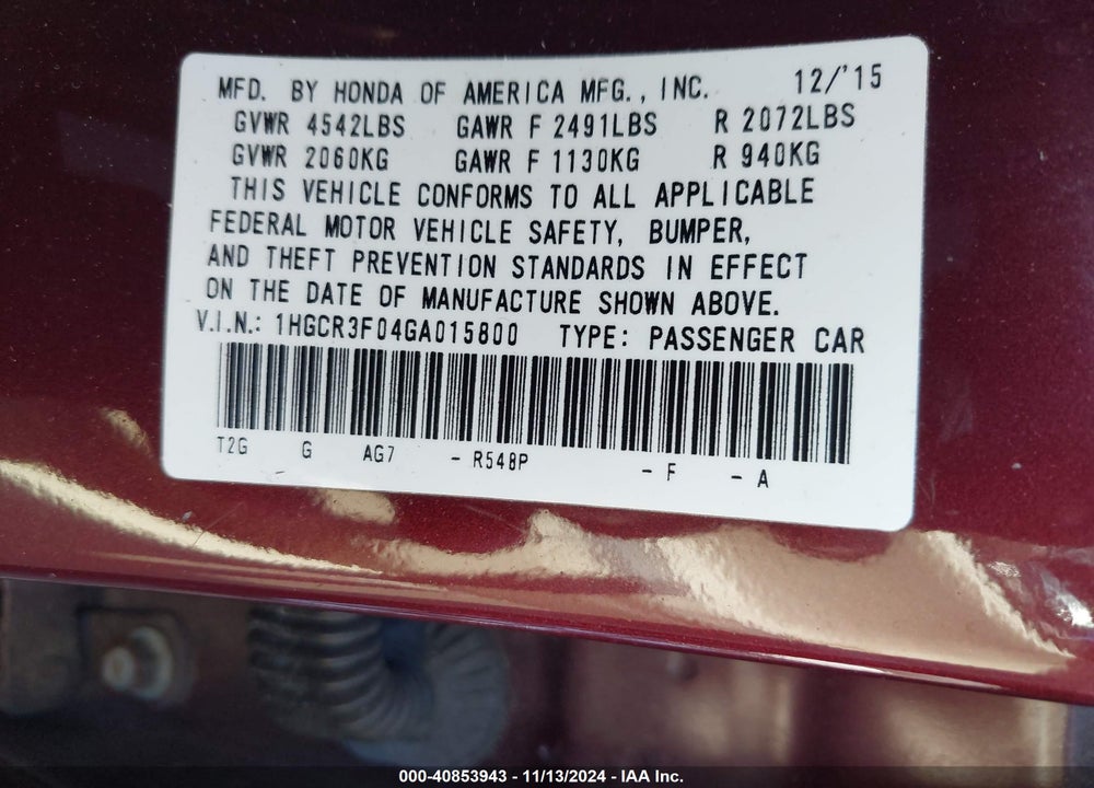 2016 HONDA ACCORD EX-L V-6 VIN: 1HGCR3F04GA015800