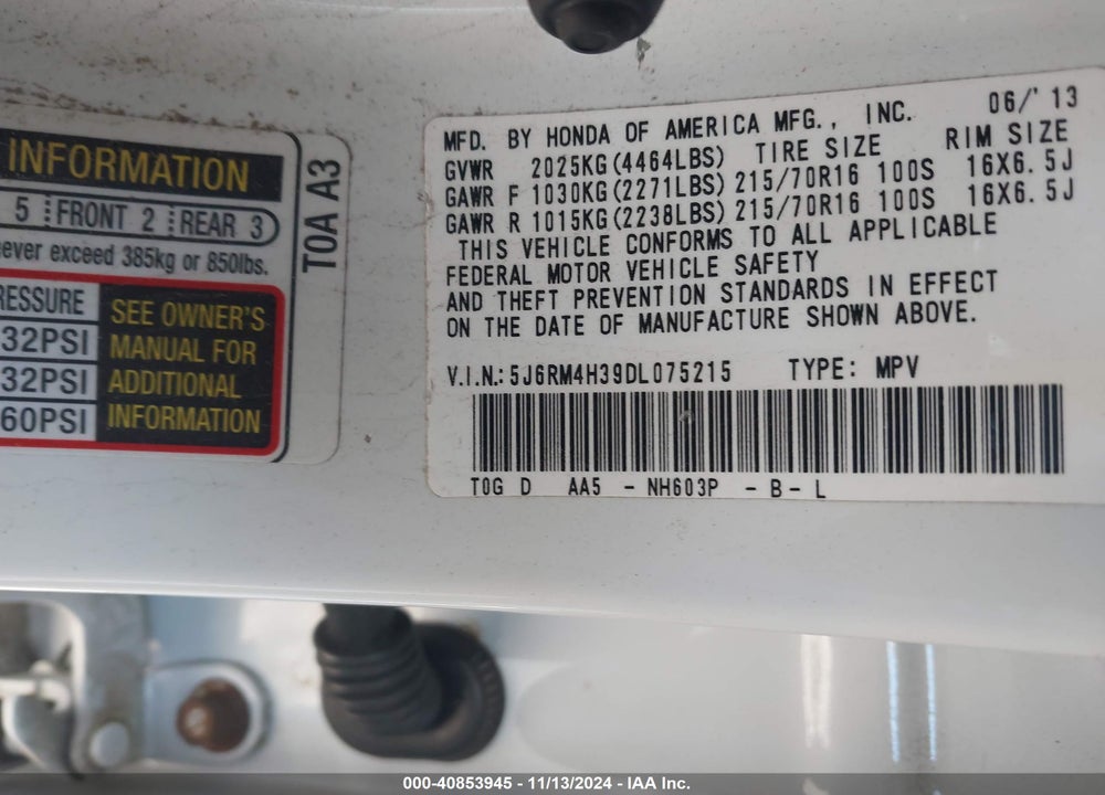 2013 HONDA CR-V LX VIN: 5J6RM4H39DL075215