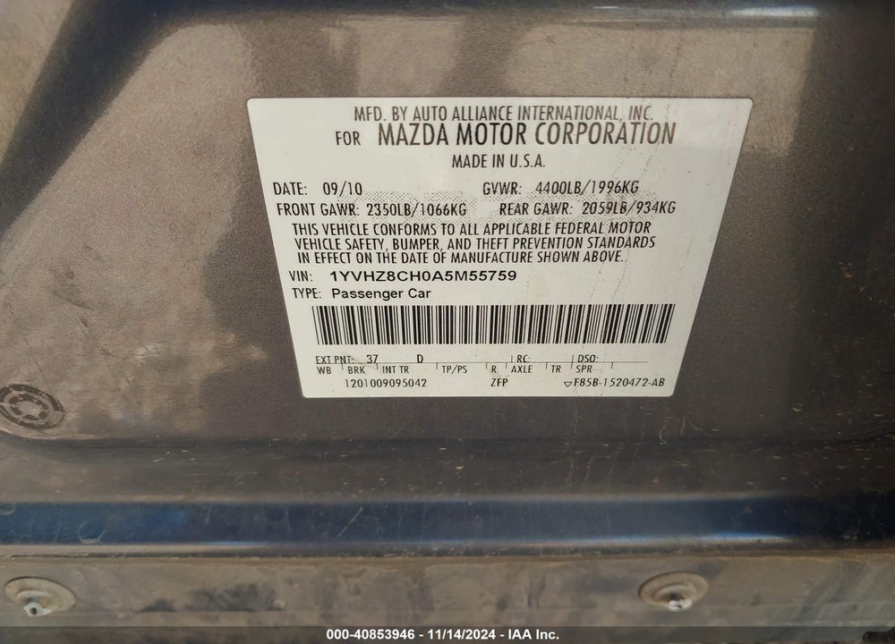 2010 MAZDA 6 I TOURING VIN: 1YVHZ8CH0A5M55759