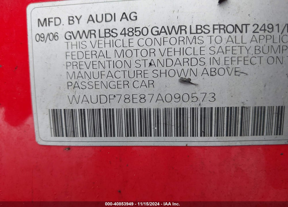 2007 AUDI A4 2.0T VIN: WAUDF78E87A090573