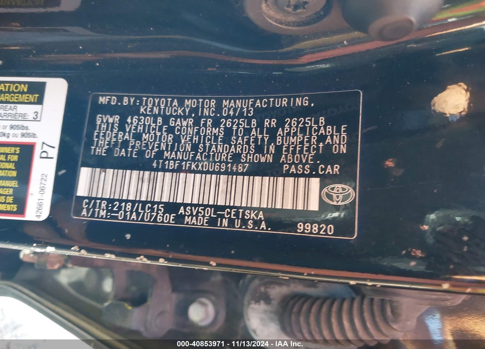 2013 TOYOTA CAMRY SE VIN: 4T1BF1FKXDU691487