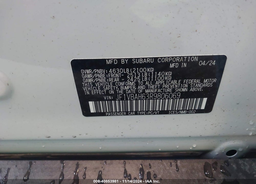 2024 SUBARU WRX PREMIUM VIN: JF1VBAH63R9806069