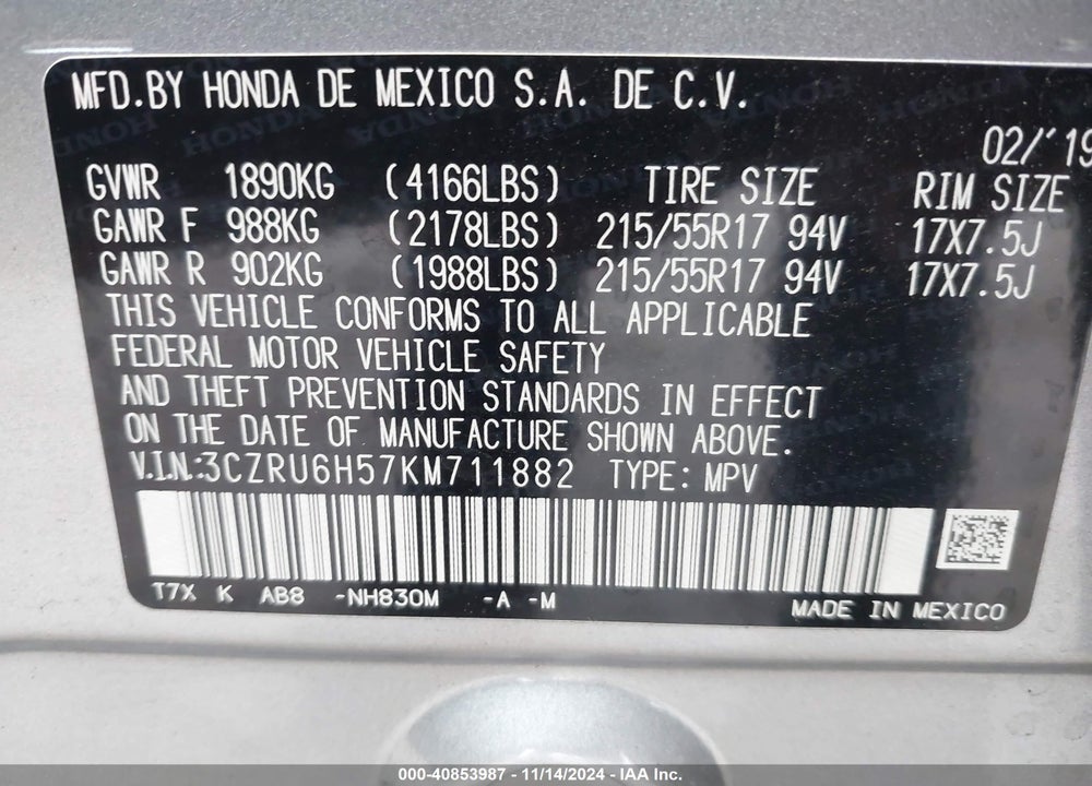 2019 HONDA HR-V EX VIN: 3CZRU6H57KM711882