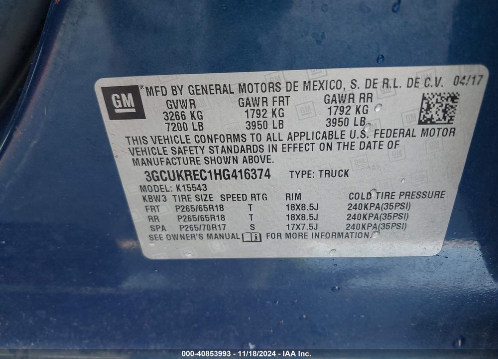 2017 CHEVROLET SILVERADO 1500 1LT VIN: 3GCUKREC1HG416374