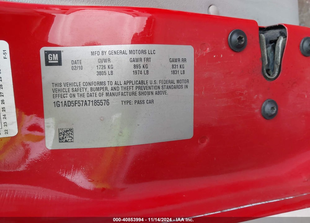 2010 CHEVROLET COBALT LT VIN: 1G1AD5F57A7185576