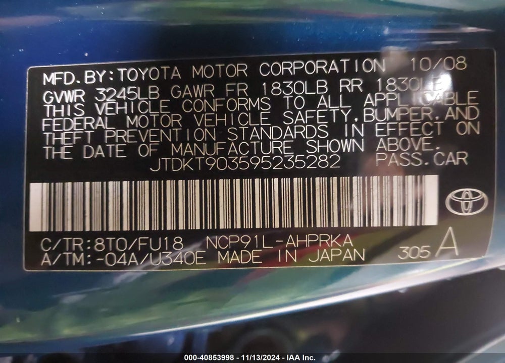 2009 TOYOTA YARIS VIN: JTDKT903595235282