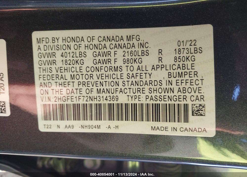 2022 HONDA CIVIC VIN: 2HGFE1F72NH314369
