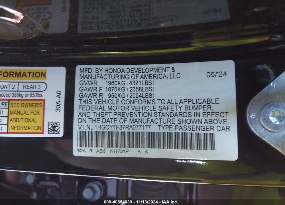 2024 HONDA ACCORD VIN: 1HGCY1F37RA077177