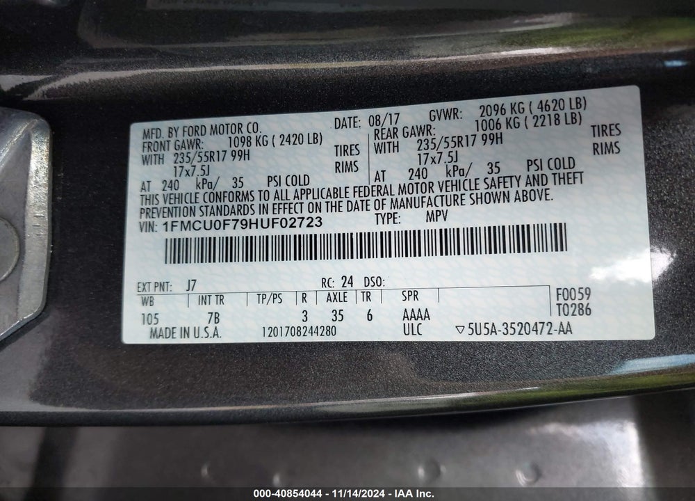 2017 FORD ESCAPE VIN: 1FMCU0F79HUF02723