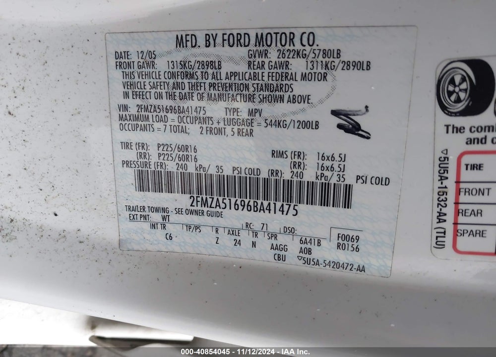 2006 FORD FREESTAR SE VIN: 2FMZA51696BA41475