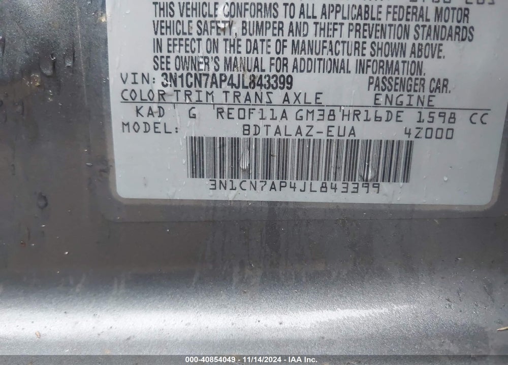 2018 NISSAN VERSA 1.6 S+ VIN: 3N1CN7AP4JL843399