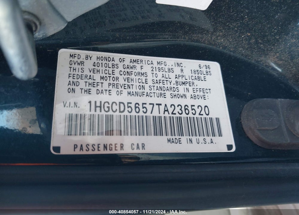 1996 HONDA ACCORD EX/EX-R VIN: 1HGCD5657TA236520