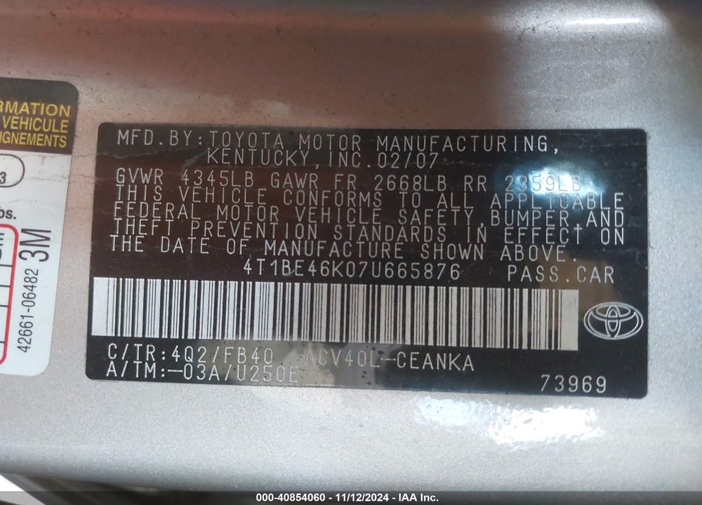 2007 TOYOTA CAMRY LE VIN: 4T1BE46K07U665876