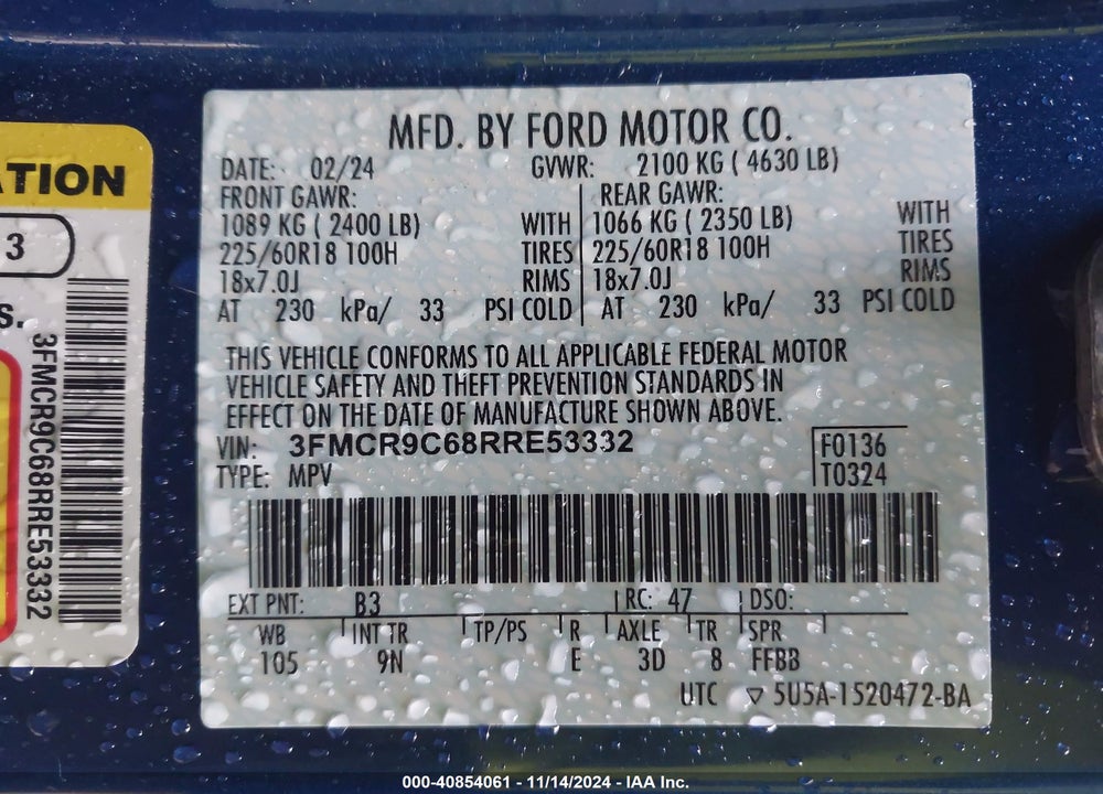 2024 FORD BRONCO SPORT OUTER BANKS VIN: 3FMCR9C68RRE53332