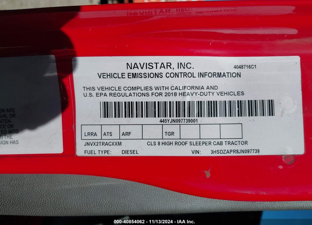 2018 INTERNATIONAL LT VIN: 3HSDZAPR8JN097739
