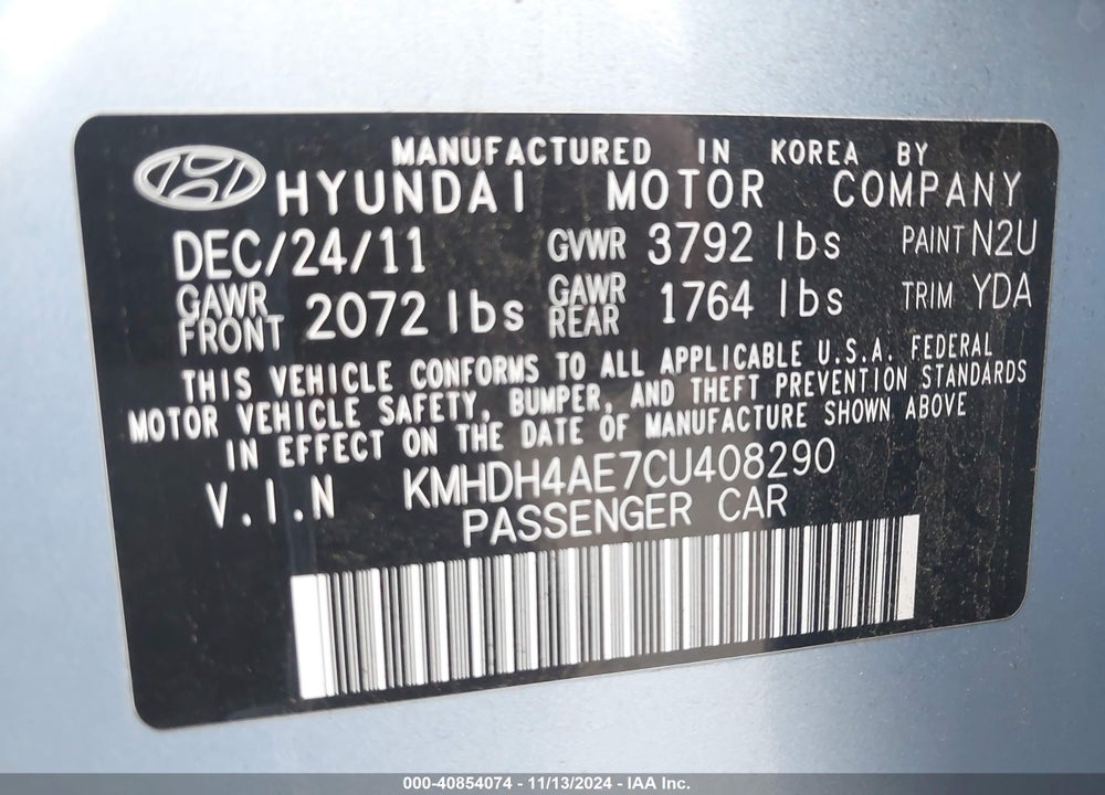 2012 HYUNDAI ELANTRA GLS (ULSAN PLANT) VIN: KMHDH4AE7CU408290