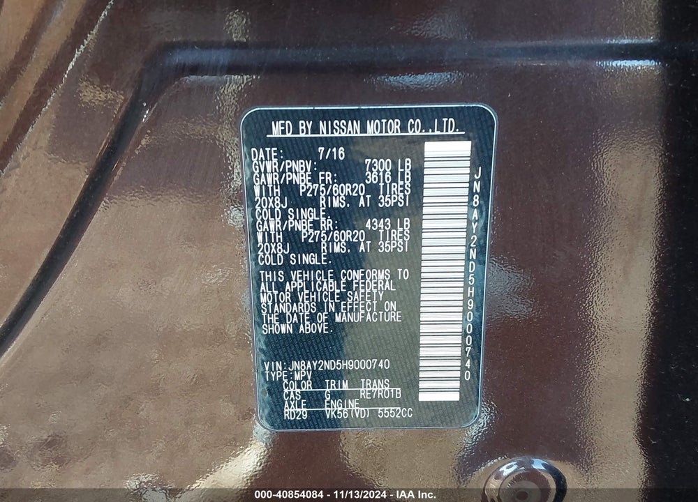 2017 NISSAN ARMADA SL VIN: JN8AY2ND5H9000740