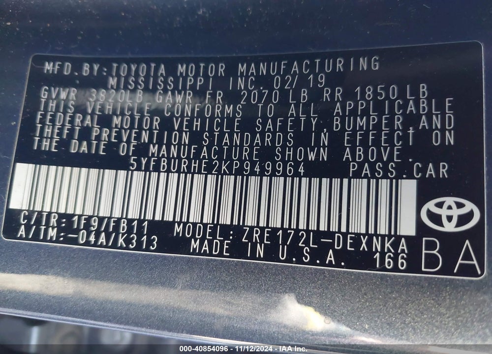 2019 TOYOTA COROLLA LE VIN: 5YFBURHE2KP949964