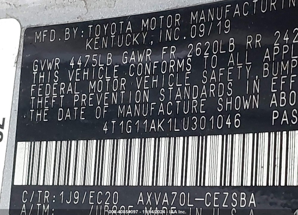 2020 TOYOTA CAMRY VIN: 4T1G11AK1LU301046