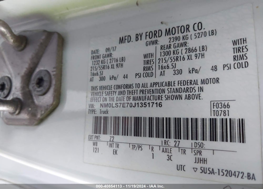 2018 FORD TRANSIT CONNECT XL VIN: NM0LS7E70J1351716