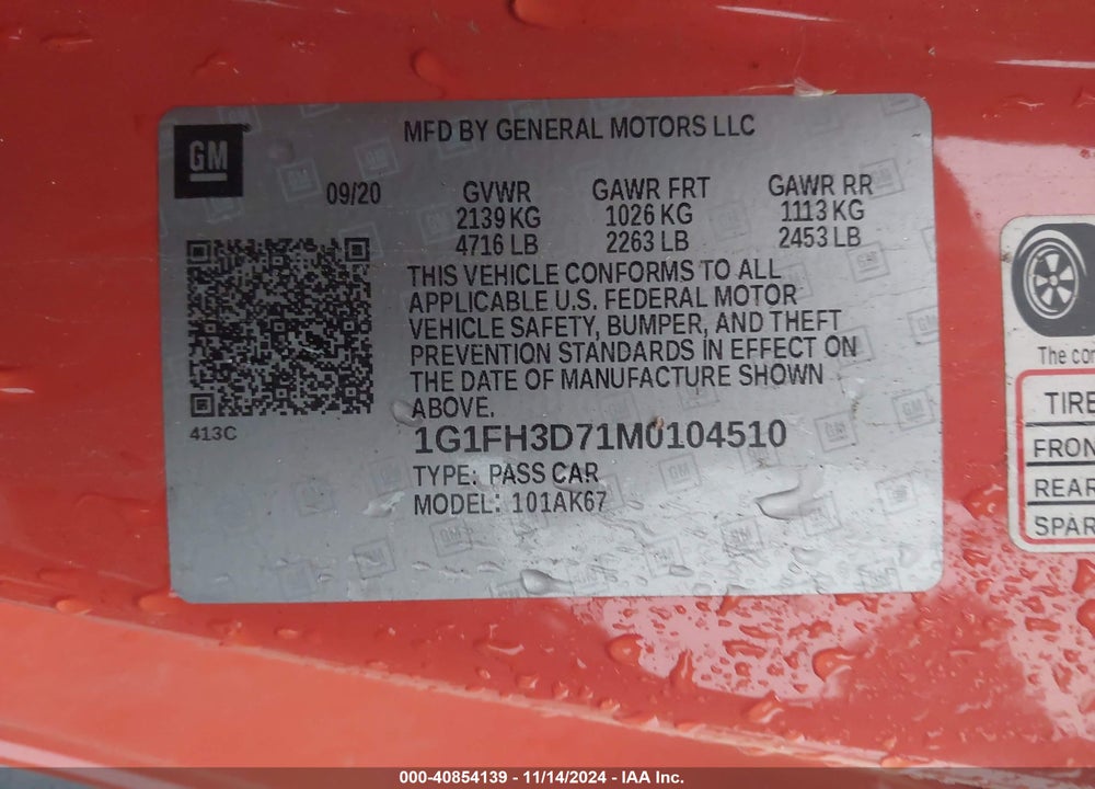 2021 CHEVROLET CAMARO RWD 2SS VIN: 1G1FH3D71M0104510