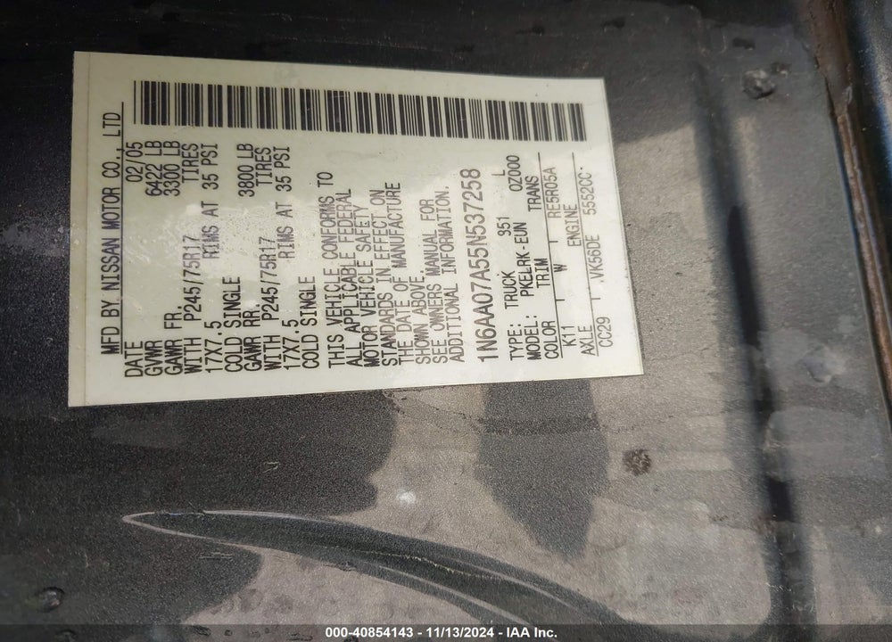 2005 NISSAN TITAN XE VIN: 1N6AA07A55N537258