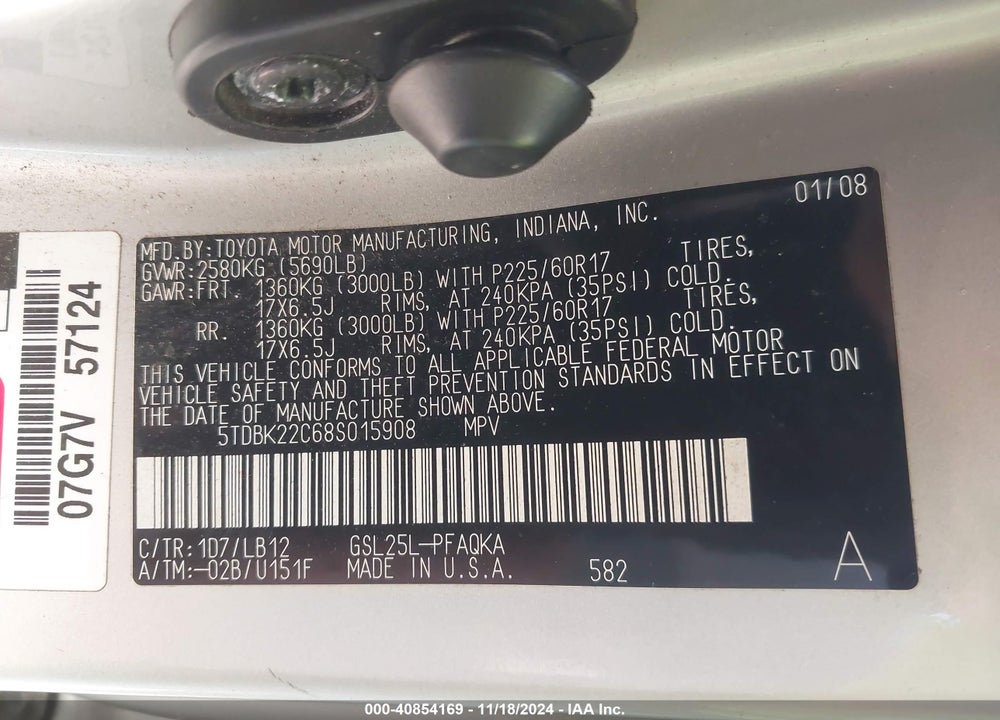 2008 TOYOTA SIENNA XLE/XLE LIMITED VIN: 5TDBK22C68S015908